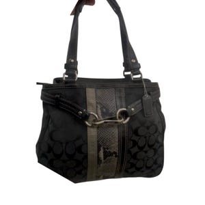 Vintage Y2K Coach Hamptons Black Signature C Python Stripe Carryall Satchel Bag