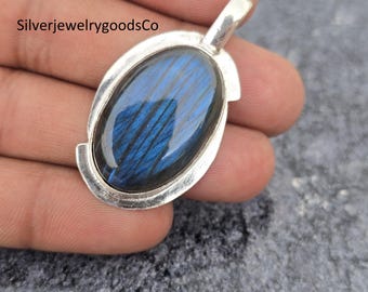 Blauwe flitsende labradoriethanger, massief sterlingzilver, beloftehanger, handgemaakte damessieraden,