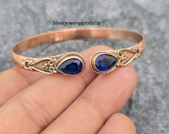 Bracciale in rame con zaffiro blu fatto a mano, polsino regolabile con pietre preziose