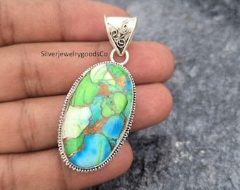 Ciondolo in turchese verde rame, collana boho in argento sterling
