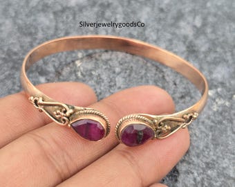 Handmade Ruby Copper Bangle, Adjustable Crystal Bracelet