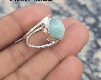Handmade Larimar Ring, Oval Cabochon, 925 Sterling Silver