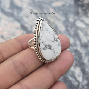 Teardrop Howlite Ring, Handmade 925 Sterling Silver, Gemstone Jewelry