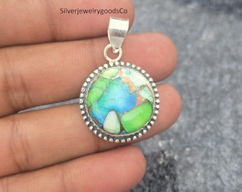 Ciondolo fatto a mano in argento sterling con dalia, mosaico di pietre preziose turchese e malachite