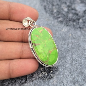 Green Copper Turquoise Pendant - 925 Sterling Silver Pendant -  Handmade Gemstone Necklace - Statement Jewelry Gift for Her - Boho Pendant
