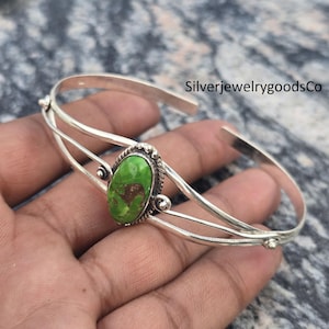Green Copper Turquoise Bangle, 925 Sterling Silver Bangle, Handmade Bangle, Boho Bracelet, Adjustable Silver Cuff, Statement Bracelet Gift