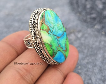 Green Copper Turquoise Sterling Silver Ring, Boho Statement Ring