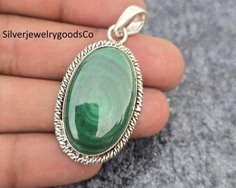 Malachite Pendant, 925 Sterling Silver, Handmade Women Bohemian Healing Pendant, Promise Wedding Gift Jewelry,