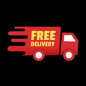 May include: Red delivery truck graphic with the words "FREE DELIVERY" in yellow. The truck has white wheels and a white window. The background is black.