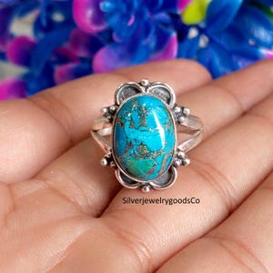 Anel com pedra preciosa turquesa azul - Anel de prata esterlina 925 - Anel Boho feito à mão para mulheres - Presente de pedra de nascimento de dezembro - Anel com pedra preciosa marcante