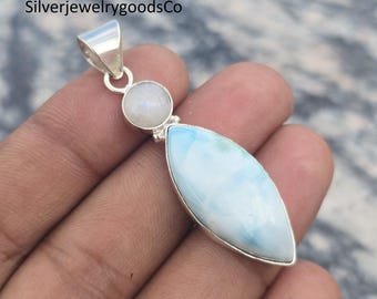 Handmade Larimar Moonstone Pendant, Sterling Silver Necklace