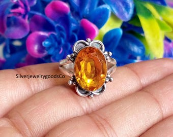 Handmade Sterling Silver Citrine Ring – Vintage Floral Boho Jewelry