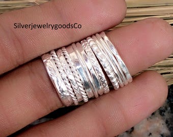 Sterling Silver 12 Stacking Rings Set, Thin Textured Stackable Ring, Handmade Dainty Minimalist Ring,