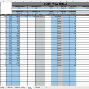 May include: A spreadsheet with data organized in rows and columns. The top of the spreadsheet has the title "QUICK VIEW TOTALS". The spreadsheet contains data related to project information, material types, and cost calculations. The cells are in various colors.