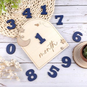 Schede mensili in legno 3D per neonati – Numeri intercambiabili blu navy 1-12 – Design bifacciale con tema spaziale