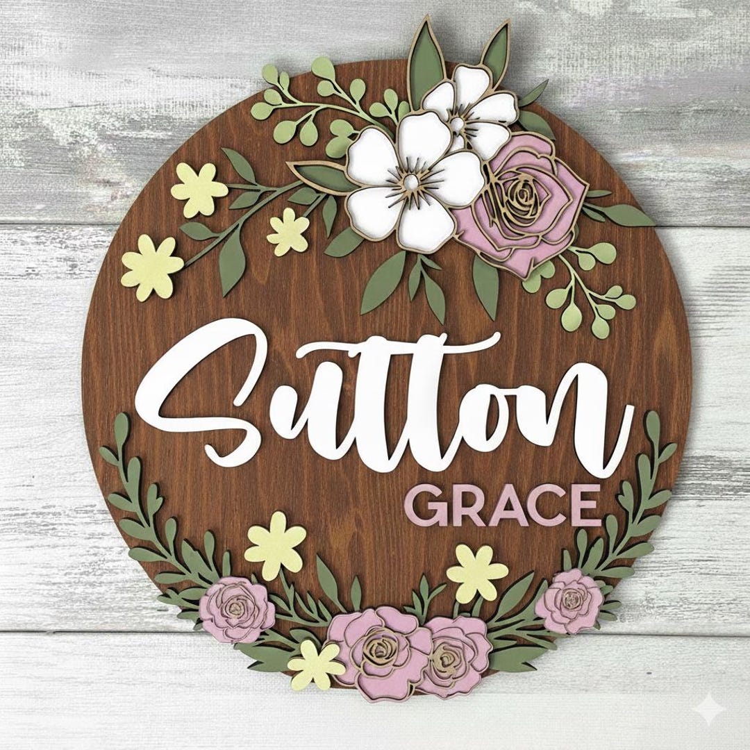 3D Floral Wooden Name Sign, Personalized Nursery Wall Decor, Custom ...