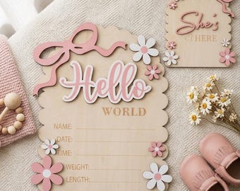 Custom Baby Birth Announcement Sign, Double-Sided Hello World Newborn Sign, Nursery & Hospital Photography Prop, Wooden Photo Prop Baby Sign