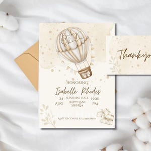 Convite para chá de bebê com balão de ar quente, neutro em termos de gênero, digital, editável, personalizado, incluindo um cartão de agradecimento correspondente.
