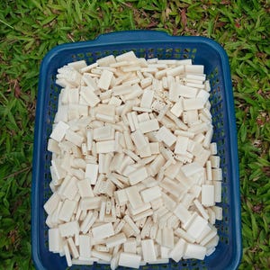 May include: A large collection of small, rectangular, off-white beads with two holes, contained within a blue plastic basket. The beads have a smooth, matte finish and are piled together in a dense, unorganised arrangement inside the container.