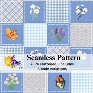 May include: A seamless pattern design featuring various squares with floral and butterfly illustrations, along with gingham and plaid patterns. The text "Seamless Pattern" is displayed in the center, with additional text below.