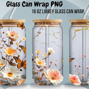 May include: Three clear glass can wraps with floral and butterfly designs. Each 16 oz Libbey glass can wrap features a bamboo lid and a straw. The wraps are decorated with white and peach flowers and orange butterflies.