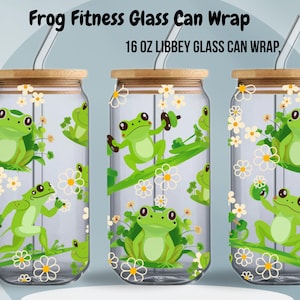 Zabawna Żaba Siłownia Szklana Puszka Wrap PNG, Żaba Treningowa 16oz Libbey, Cyfrowy Projekt Sublimacji