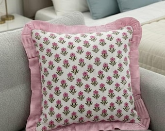 Cotton Ruffled Pillowcase , Floral Block Print Cushion Cover, Boho Vintage Pillowcase, Handmade striped Frill Pillow, Christmas Gift For Her
