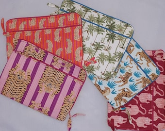 Funda acolchada para portátil 100 % algodón, con estampado de bloques, hecha a mano y personalizada, funda floral para iPad, regalo de cumpleaños.