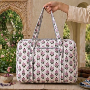 Personalized Floral Travel Bag | Handmade Weekender Duffle Bag | Cotton Quilted Shoulder Bag | Block Print Overnight Bag | Large Travel Bag