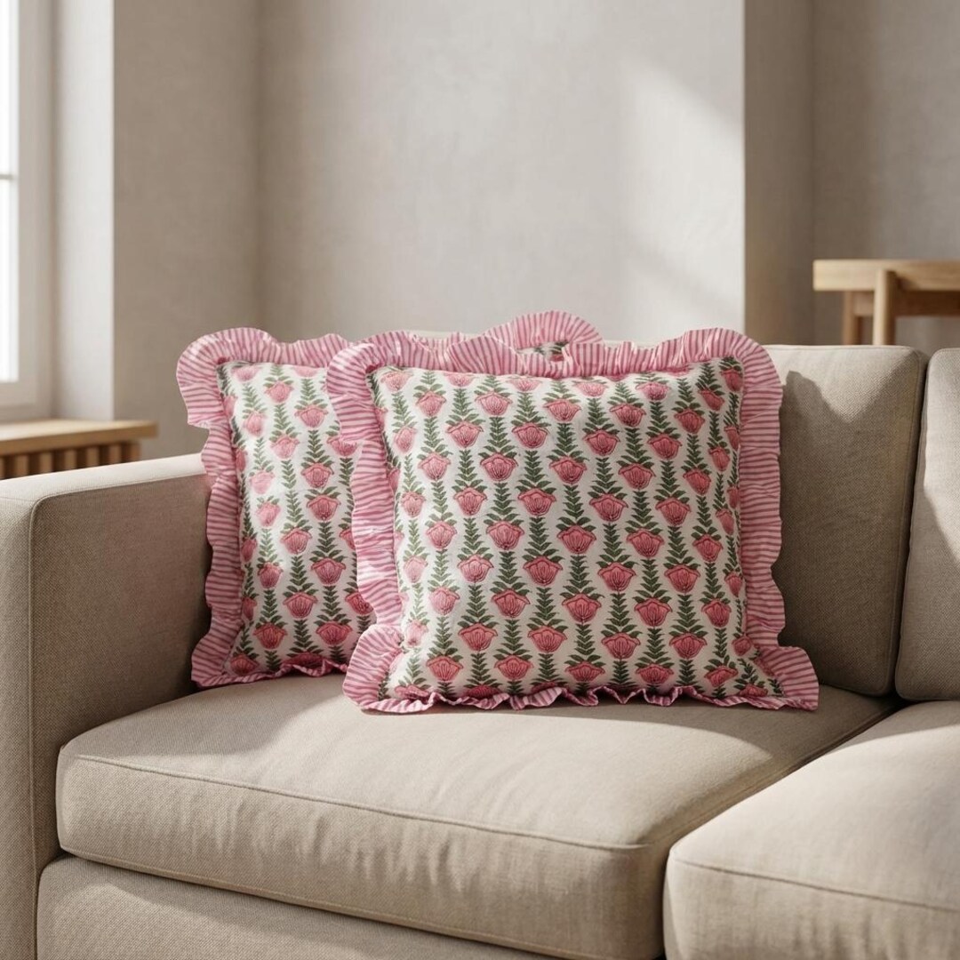 Pink Floral Ruffle Pillow Cover Cottagecore Throw Pillow Block Print ...