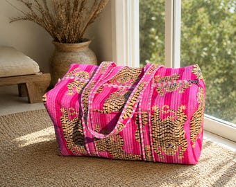 Hand Block Printed Duffel Bag, Quilted Cotton Travel Bag, Handmade Weekender Bags, Floral Overnight Carry-on, Bridal Party Gift For Her