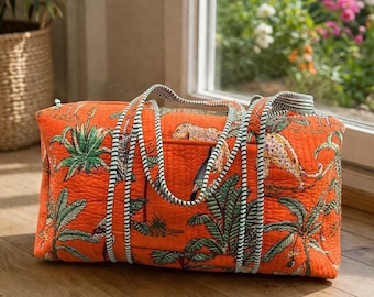 Orange Jungle Quilted Duffle Bag | Cheetah Tropical Travel Bag | Boho Weekender Bag | Block Print Cotton Overnight Bag | Gift For Her