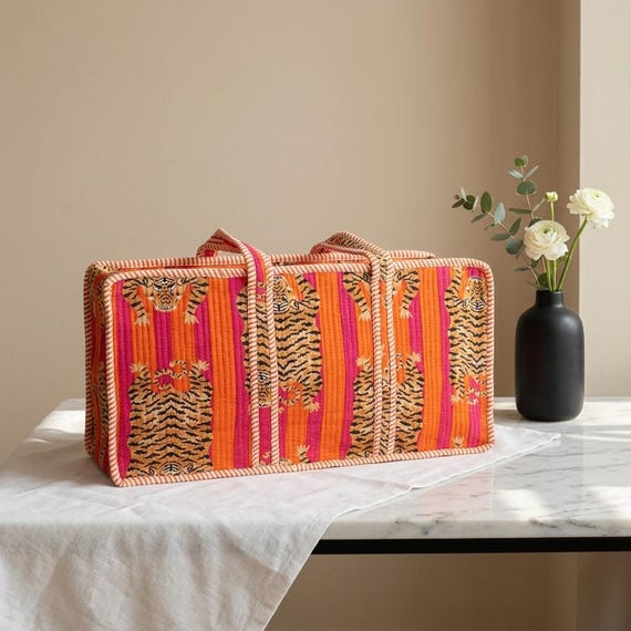 Quilted Tiger Print Mahjong Bag, Kantha Mahjong Tile Case, Boho Orange Pink Mahjong Bags, Handmade Cotton Mahjong Gifts, Travel Tote For Her