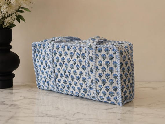 Blue Floral Mahjong Bag, Quilted Mahjong Tote, Block Print Mahjong Case, Cotton Tile Storage Bag, Mahjong Gift for Her, Travel Bag, Handmade