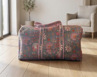Quilted Block Print Duffle Bag | Boho Travel Bag Women | Floral Weekender Bag | Handmade Cotton Overnight Bag | Gift for Her | Weekender Bag