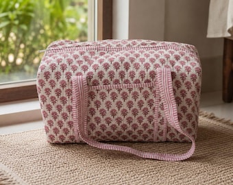 Quilted Duffel Bag Pink Floral Block Print, Cotton Weekender Bag, Overnight Travel Bag, Carry On Gym Bag, Handmade Boho Duffle Tote, Gift