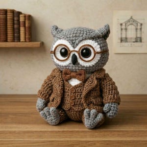 May include: A crocheted owl doll wearing a brown suit, bow tie, and round glasses. The owl has gray and white features, with large black eyes. The doll is sitting on a wooden surface.
