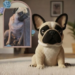 Könnte beinhalten: Gehäkelte Französische Bulldogge Figur in Beige, Schwarz und Creme. Der Hund hat große, aufrechte Ohren und eine markante schwarze Schnauze. Im Hintergrund befindet sich ein gerahmtes Bild eines Mopses, mit blauen Blumen auf der linken Seite.