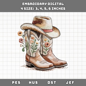 May include: Digital embroidery design featuring a cowboy hat and boots. The boots are tan with floral embroidery and a white background. The hat is tan with a red band. The design is available in 3, 4, 5, and 6-inch sizes.