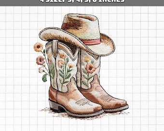 Diseño de bordado floral de botas vaqueras, archivo de bordado a máquina estilo bohemio occidental, patrón de sombrero y botas de vaquero, estilo rústico campestre.