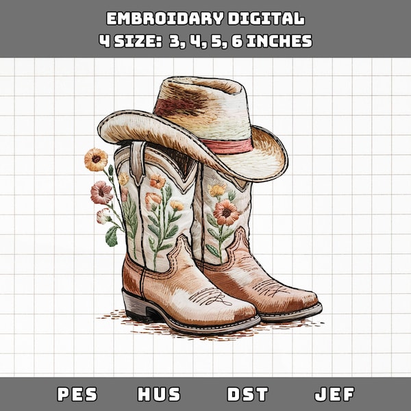 Floral Cowgirl Boot Embroidery Design, Western Boho Machine Embroidery File, Cowboy Hat and Boots Pattern, Rustic Country Style