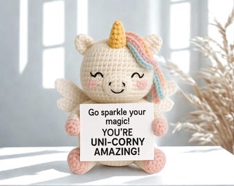 Crochet Unicorn Gift, Positive Desk Decor for Women, Teen Girls, Coworkers, Emotional Support Plushie, Birthday, Retirement, Anniversary
