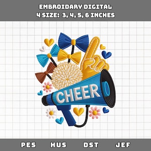 Cheerleading Embroidery File, Cheer Bow Pom Pom Embroidery Design, Megaphone Flowers Embroidery Pattern, Digital Download