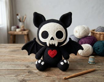 Black Crochet Bat Skull Doll, Handmade Amigurumi Gothic Plush Toy, Spooky Cute Stuffed Animal, Halloween Gift, Unique Dark Decor