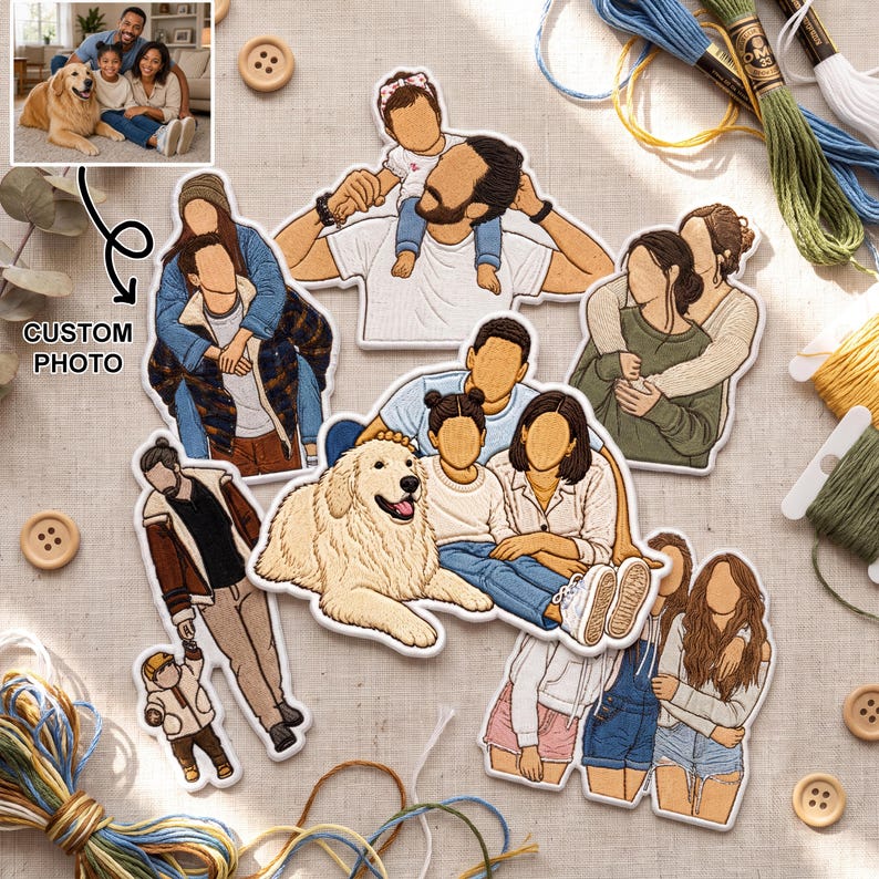 Custom Portrait Embroidered Patch, Personalized Family Photo Patch, Faceless Embroidery Patch from Photo, Custom Iron On Patch Gift image 1