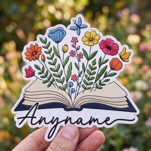 Personalized Book Floral Patch, Custom Embroidered Name Patch, Book Lover Iron On Patch, Flower Book Sew On Patch, Reader Gift