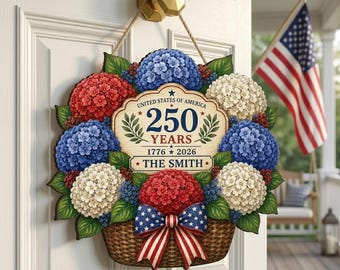 Personalized Patriotic Hydrangea Door Sign, Custom Family Name Welcome Sign, USA 250 Years Decor, Wooden Front Door Hanger Gift