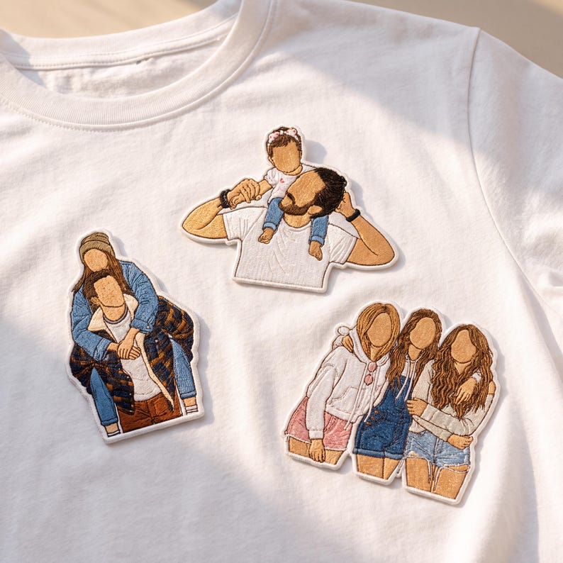 May include: A white t-shirt featuring three distinct embroidered patches. One patch shows a person carrying a child on their shoulders, another depicts a person giving a piggyback ride, and the third shows three individuals standing side by side.