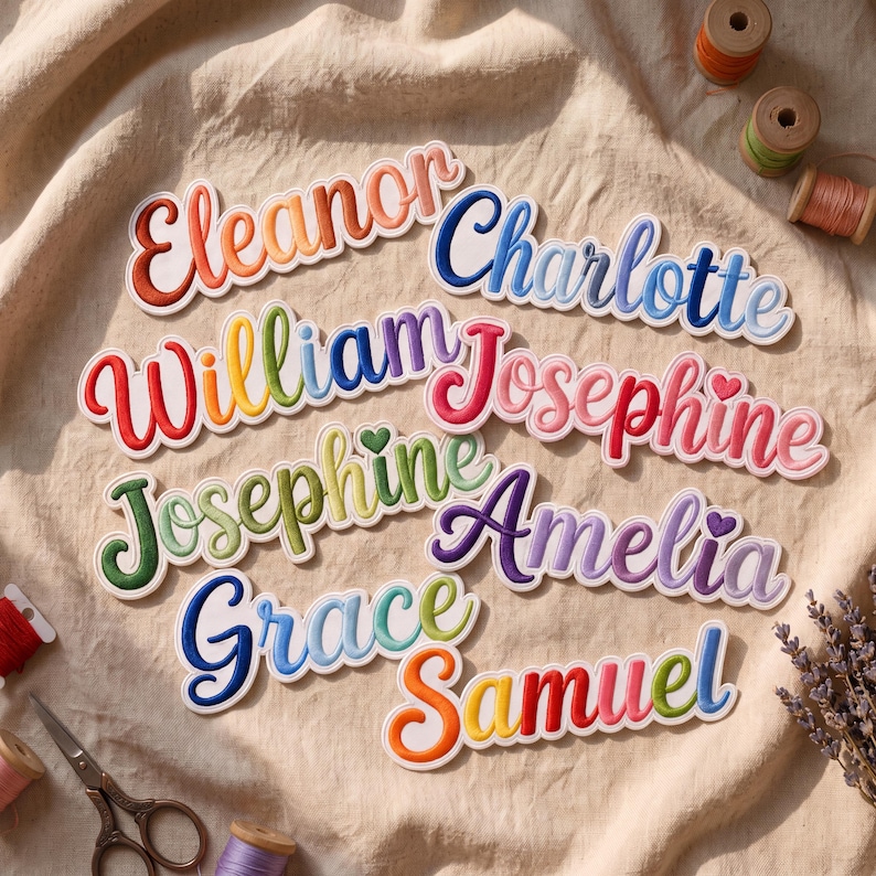Peut inclure: Une collection d'&eacute;cussons brod&eacute;s avec les pr&eacute;noms Eleanor, Charlotte, William, Josephine, Amelia, Grace et Samuel dans diverses couleurs et polices cursives, certains pr&eacute;noms &eacute;tant agr&eacute;ment&eacute;s de petits c&oelig;urs brod&eacute;s.