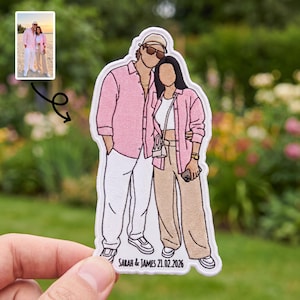 May include: An embroidered patch featuring a stylized illustration of two figures standing side by side. One figure wears a pink button-down shirt and white pants, while the other wears a pink shirt, white top, and tan pants. Text reads Sarah & James 21.02.2026.